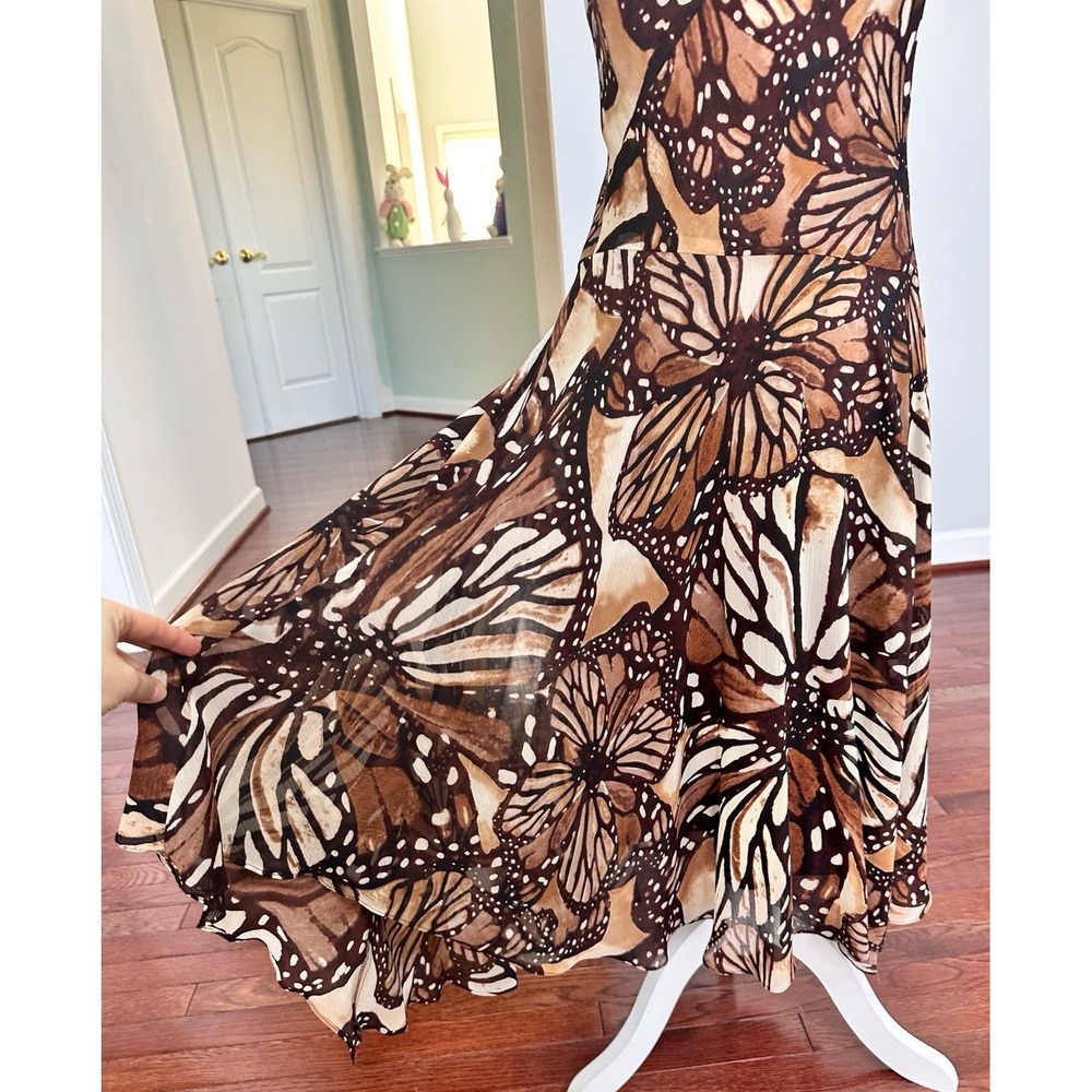 Vintage 2000s Evan Picone Brown Earth Tones Butterfly Asymmetrical Summer Dress - Picture 3 of 12